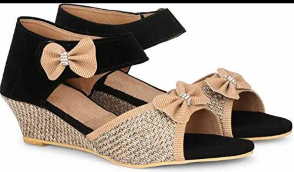 Oplus_131072 Stylish Black & Beige Bow Wedge Heels Sandal - Image 1