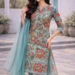 Aqua Blue Floral Printed Cotton Kurta Set with Scallop Dupatta