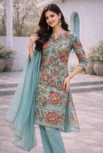 Aqua Blue Floral Printed Cotton Kurta Set with Scallop Dupatta