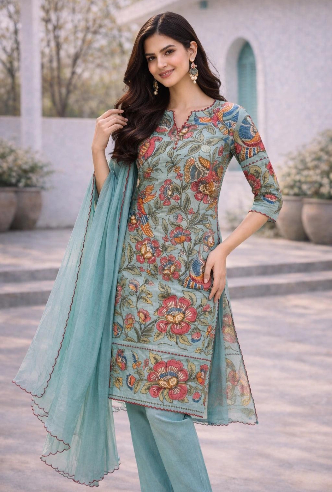Oplus_131072 Aqua Blue Floral Printed Cotton Kurta Set with Scallop Dupatta - Image 1