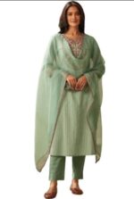 Teal Green Anarkali Kurta Set with Floral Embroidery & Printed Dupatta | 3-Piece Ethnic Suit - Image 2