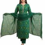 Teal Green Anarkali Kurta Set with Floral Embroidery & Printed Dupatta | 3-Piece Ethnic Suit