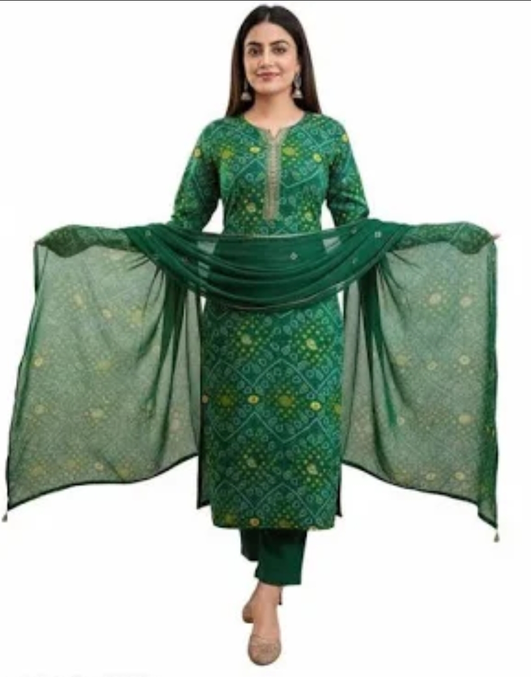 Oplus_131072 Teal Green Anarkali Kurta Set with Floral Embroidery & Printed Dupatta | 3-Piece Ethnic Suit - Image 1