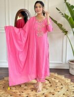 Women’s Stylish Pink Embroidered Kurti Pant Set with Dupatta | Party Wear Ethnic Suit - Image 5