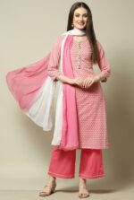 Women’s Stylish Pink Embroidered Kurti Pant Set with Dupatta | Party Wear Ethnic Suit - Image 3