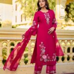 Women’s Stylish Pink Embroidered Kurti Pant Set with Dupatta | Party Wear Ethnic Suit