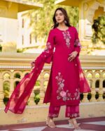 Women’s Stylish Pink Embroidered Kurti Pant Set with Dupatta | Party Wear Ethnic Suit
