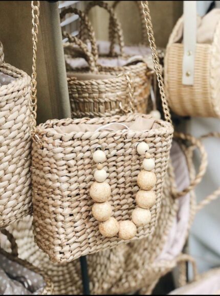 Woven Rattan/Straw Crossbody Bag with Wooden Bead Embellishment & Gold Chain Strap