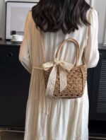 Woven Rattan/Straw Crossbody Bag with Wooden Bead Embellishment & Gold Chain Strap - Image 3
