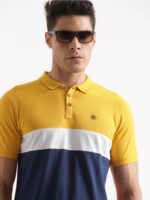 WROGN Men Yellow & Navy Blue Colourblocked Polo Collar Cotton T-shirt. - Image 2