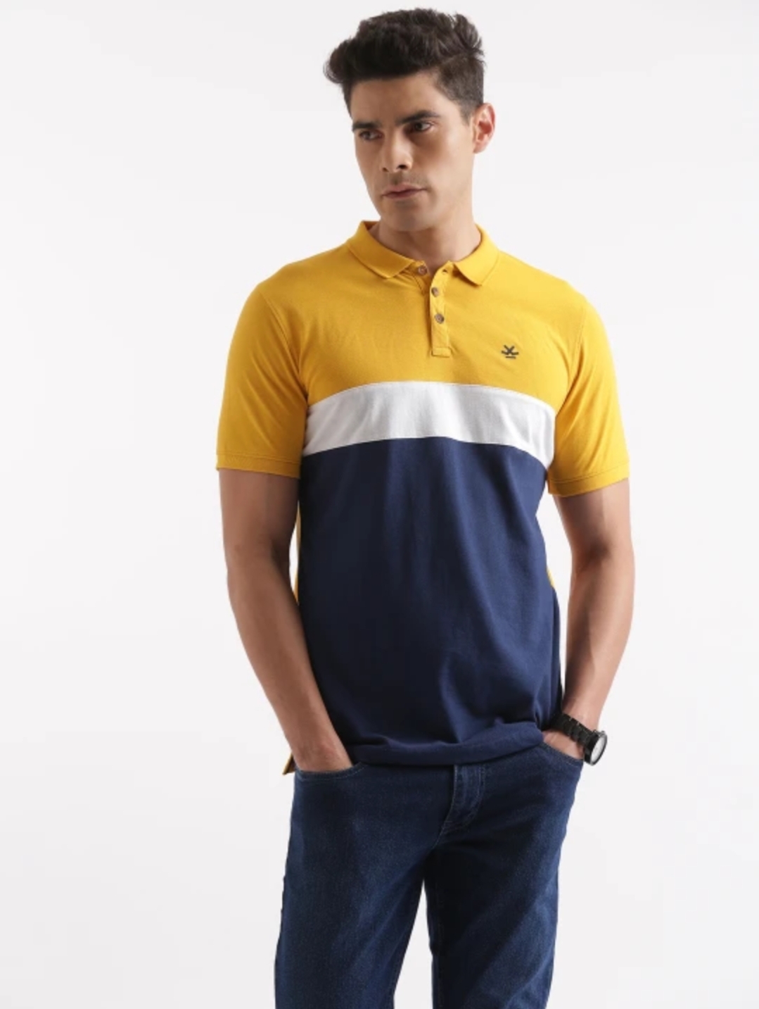 Oplus_131072 WROGN Men Yellow & Navy Blue Colourblocked Polo Collar Cotton T-shirt. - Image 1