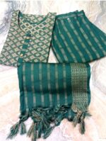 Green Printed Straight Kurta Set with Woven Dupatta - Image 4