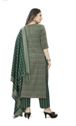 Green Printed Straight Kurta Set with Woven Dupatta - Image 3