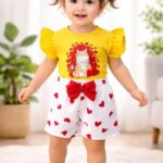 "Adorable Baby Girl Ruffle Top & Heart Print Shorts Set | Cat Print Yellow T-Shirt with Bow Shorts
