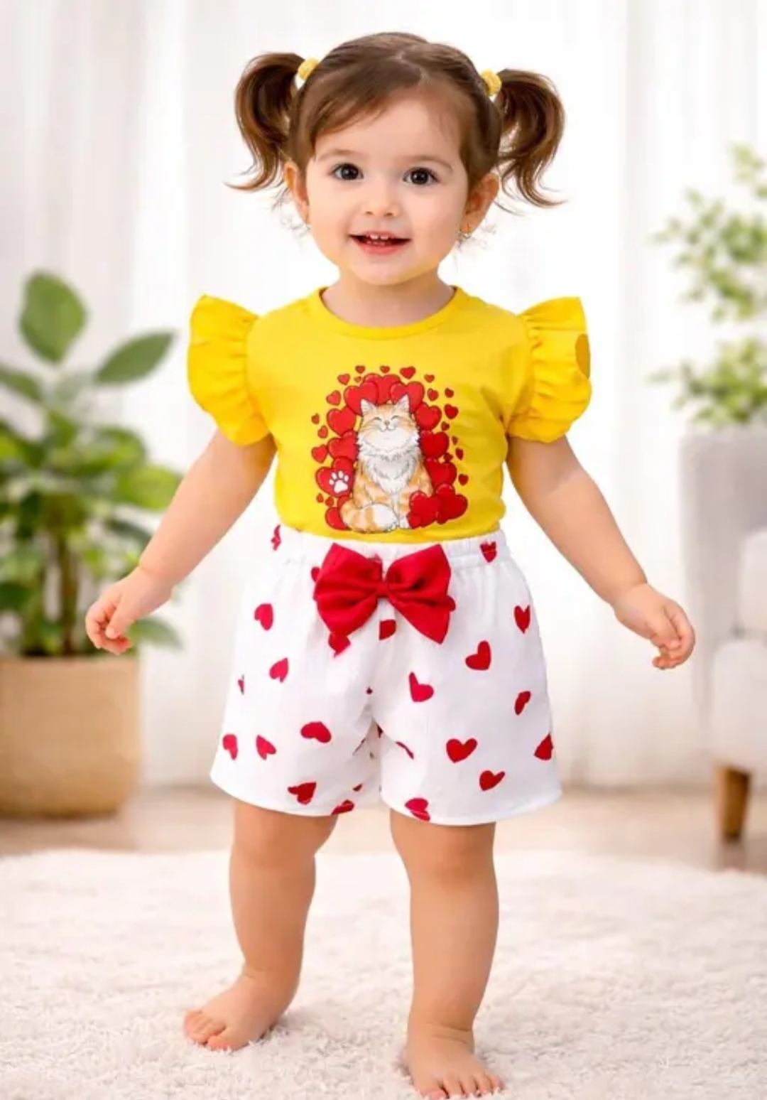 Oplus_131072 "Adorable Baby Girl Ruffle Top & Heart Print Shorts Set | Cat Print Yellow T-Shirt with Bow Shorts - Image 1