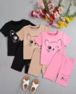 "Adorable Baby Girl Ruffle Top & Heart Print Shorts Set | Cat Print Yellow T-Shirt with Bow Shorts - Image 2