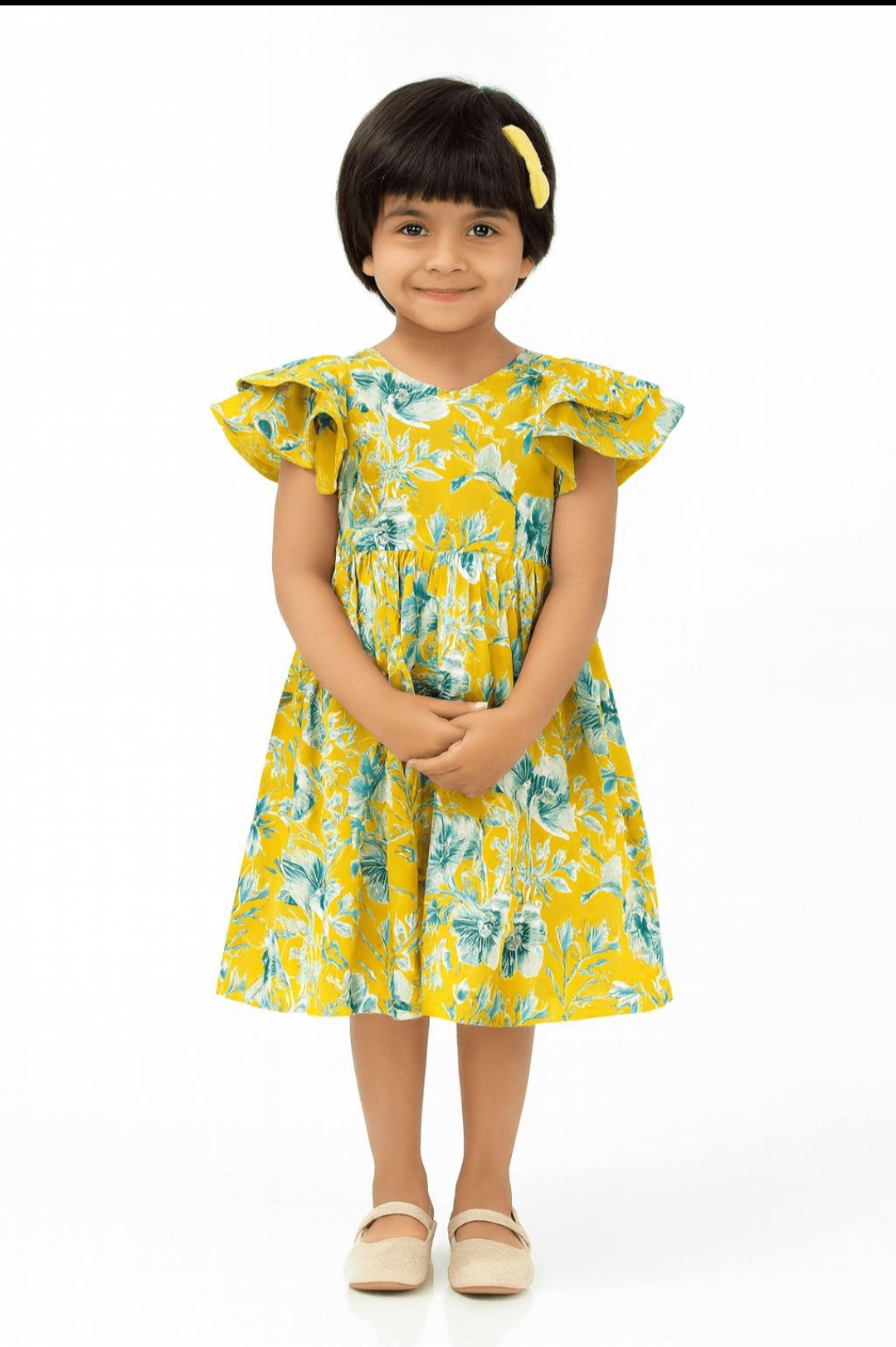 Oplus_131072 "Baby Girls Yellow Striped Fruit Embroidery Ruffle Frock - Image 1