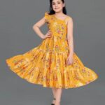 "Girls Mustard Yellow Floral Printed Tiered Ruffle Frock Dress"