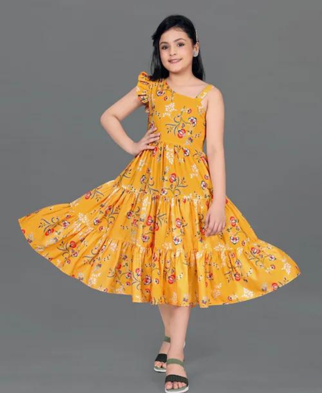 Oplus_131072 "Girls Mustard Yellow Floral Printed Tiered Ruffle Frock Dress" - Image 1