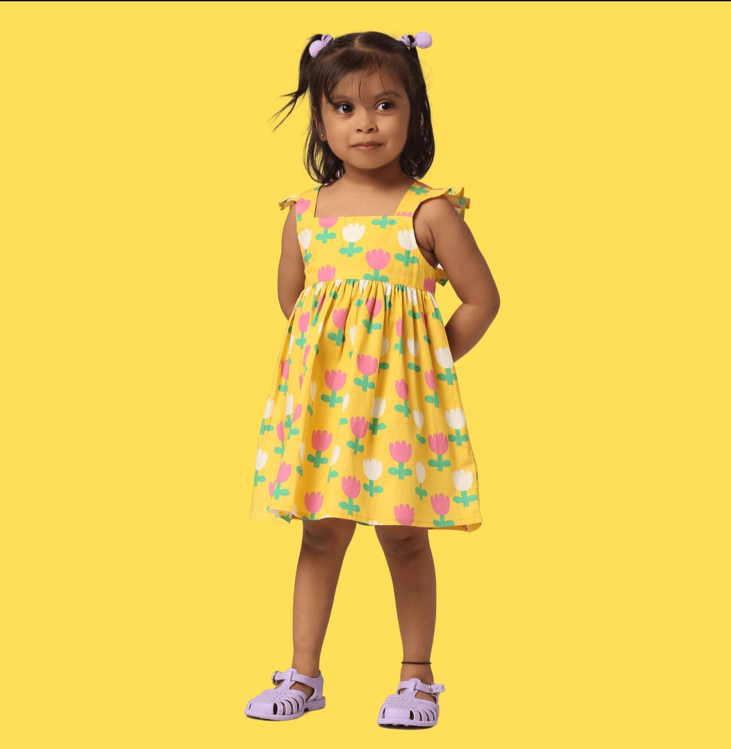 Oplus_131072 Yellow Tulip Floral Print Sleeveless Frock with Ruffle Straps - Image 1