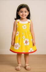 Yellow Floral Print Sleeveless Frock for Baby Girls
