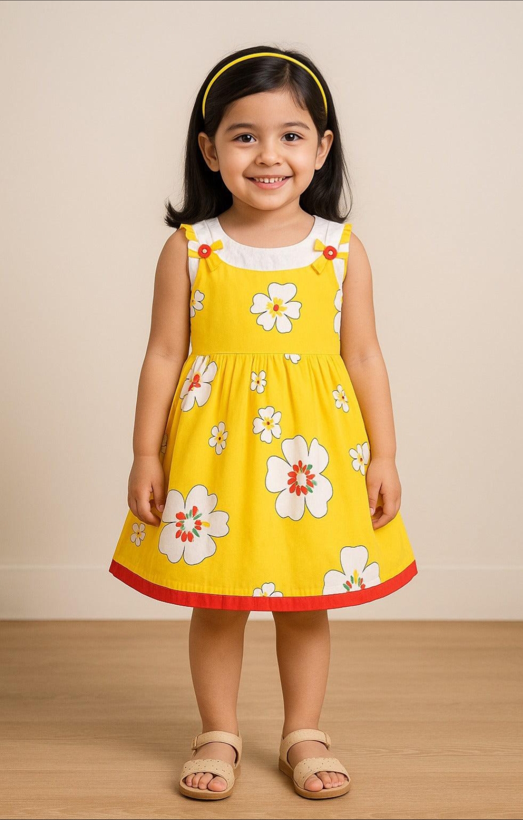 Oplus_131072 Yellow Floral Print Sleeveless Frock for Baby Girls - Image 1