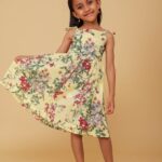 “Girls Yellow Floral Printed Sleeveless Fit & Flare Dress | Summer Party Wear Frock”