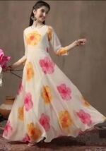 White Floral Print Anarkali Maxi Gown - Image 4