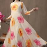 White Floral Print Anarkali Maxi Gown