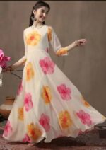 White Floral Print Anarkali Maxi Gown