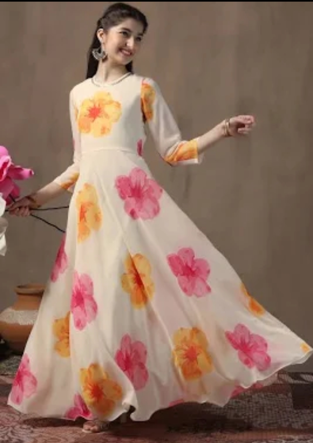 Oplus_131072 White Floral Print Anarkali Maxi Gown - Image 1