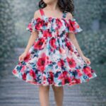 “Girls Floral Off Shoulder Ruffle Frock | Stylish Party Wear Dress for Kids | Summer Fashion”