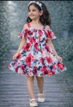 “Girls Floral Off Shoulder Ruffle Frock | Stylish Party Wear Dress for Kids | Summer Fashion”