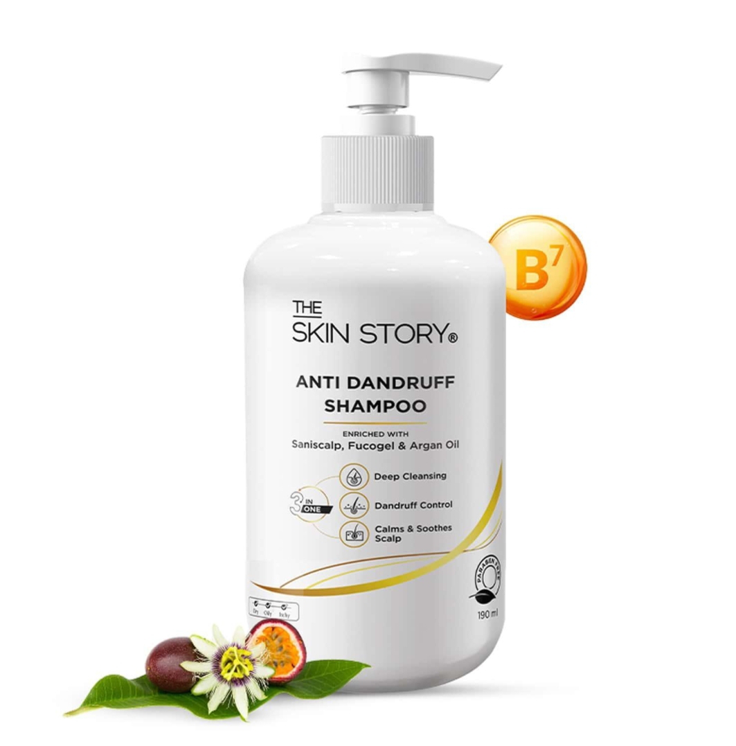 Oplus_131072 The Skin Story Anti Dandruff Shampoo features a pump dispenser and is enriched with Saniscalp, Fucogel, and Argan Oil...190ml - Image 1