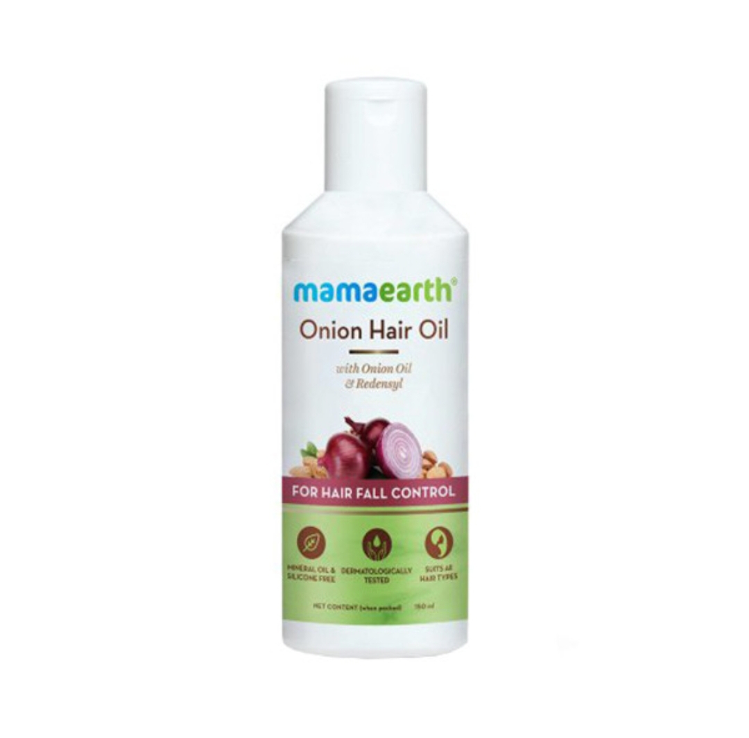 Oplus_131072 This is a 150ml bottle of Mamaearth Onion Hair Oil, designed to promote hair growth and control hair fall. - Image 1