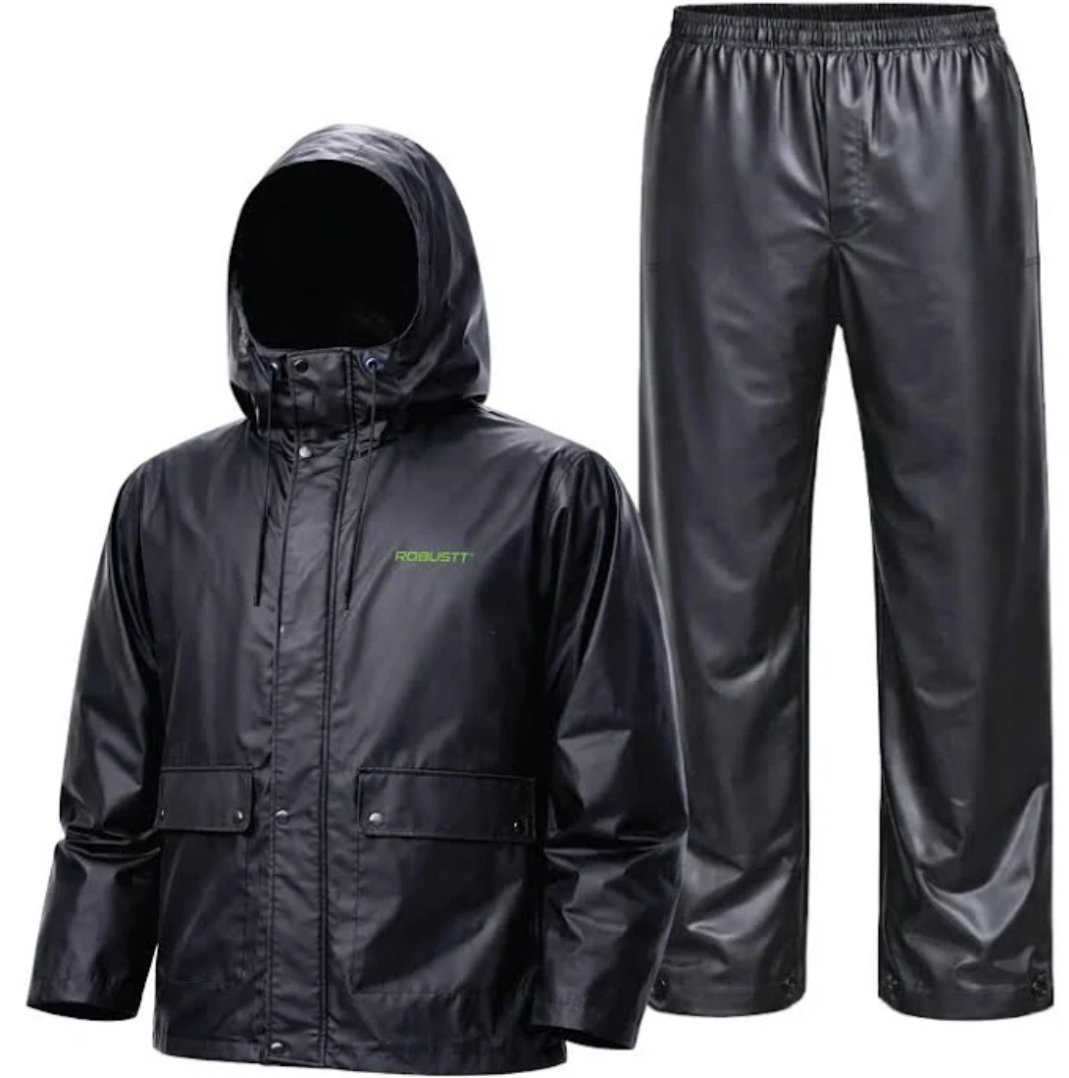 Oplus_131072 Men’s Waterproof Raincoat Suit | Hooded Jacket & Pant Set | Windproof Outdoor Rainwear (Black) - Image 1