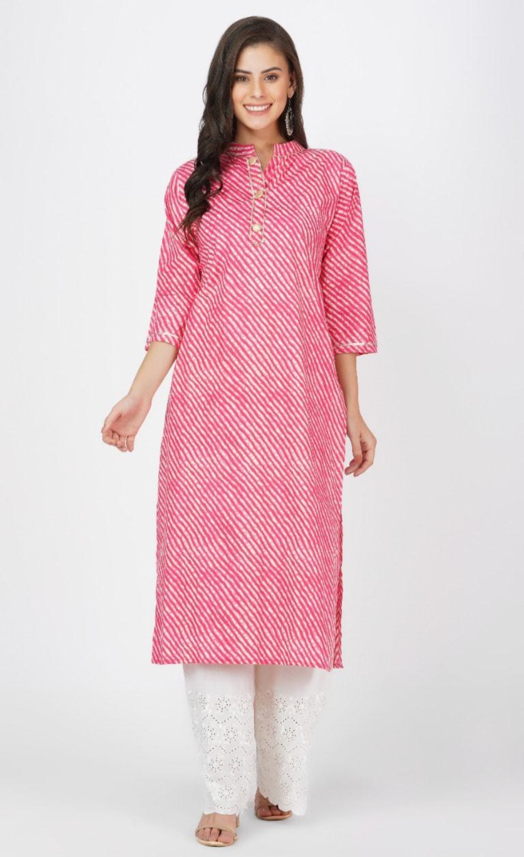 Oplus_131072 Casual Pink Striped Straight Kurti for Women - Image 1