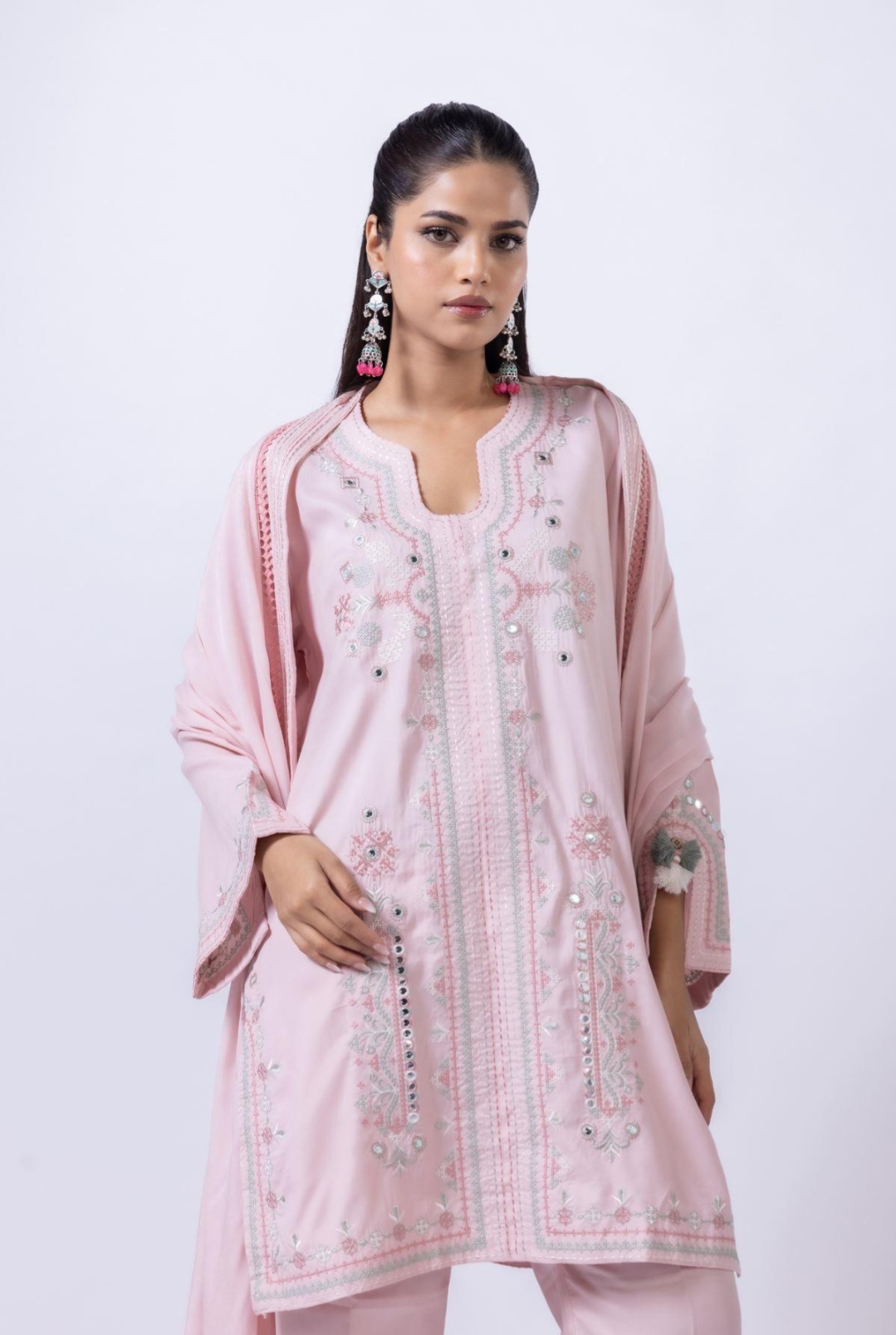 Oplus_131072 Women Stylish Pink Embroidered Kurti Set with Dupatta - Image 1