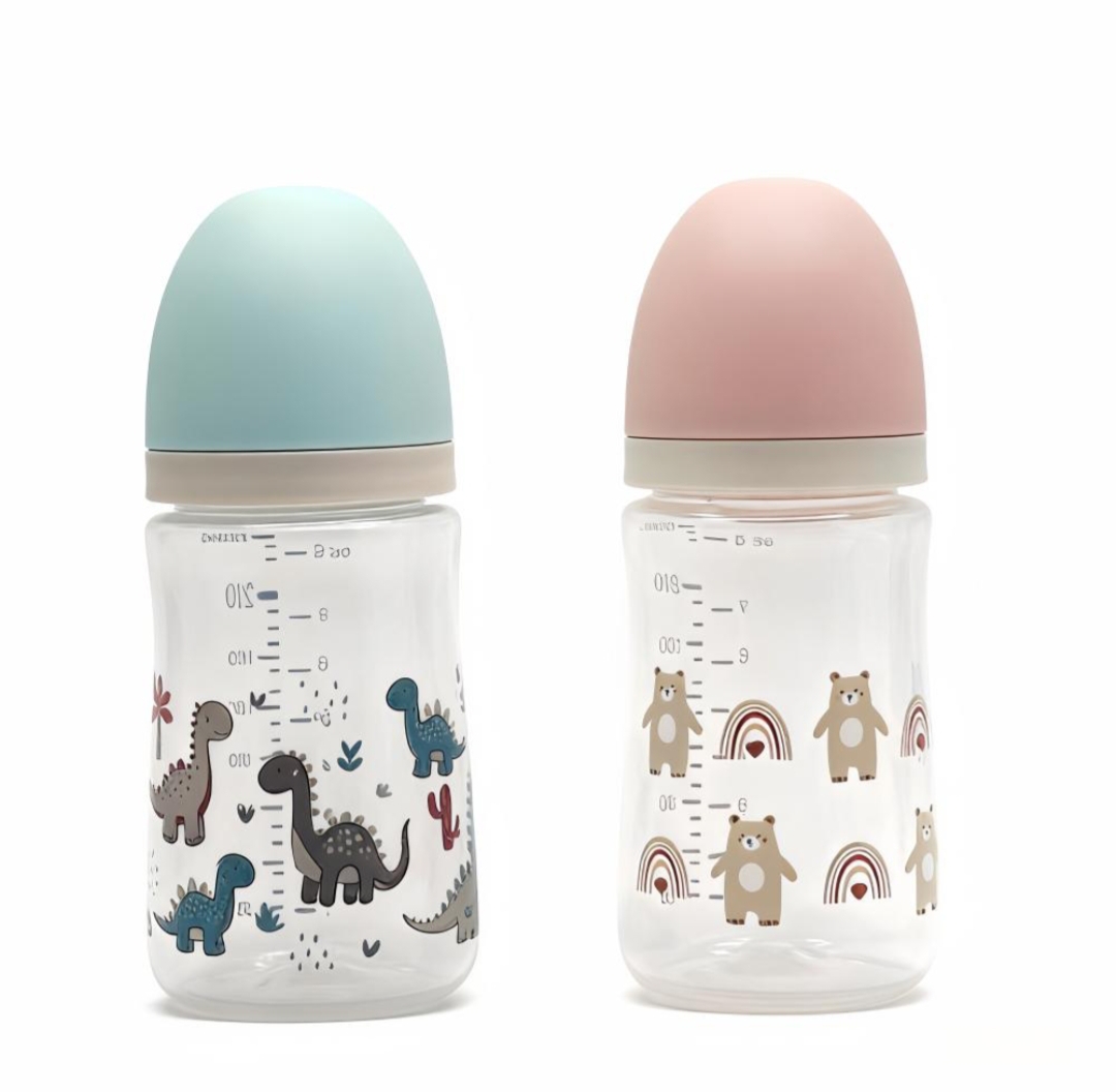 Oplus_131072 Baby Feeding Bottle Set with Measurement Scale (Cute Animal Print). 200ml - Image 1