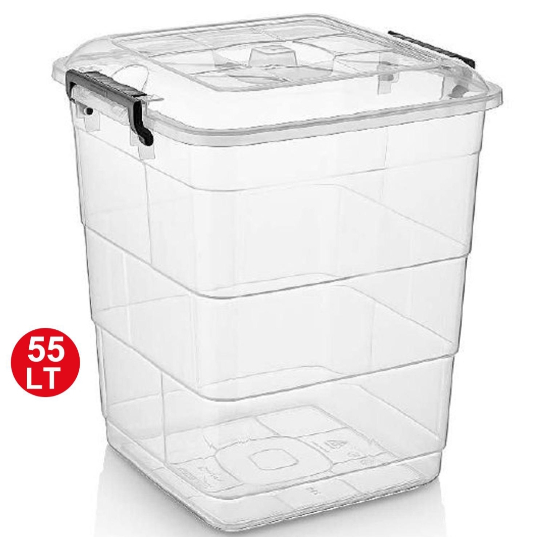 Oplus_131072 Large 55 Litre Clear Storage Box with Black Clips - Image 1