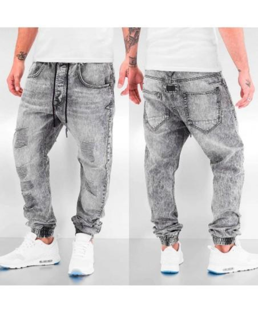 Oplus_131072 Men’s Grey Denim Jogger Pants (Front & Back View) - Image 1