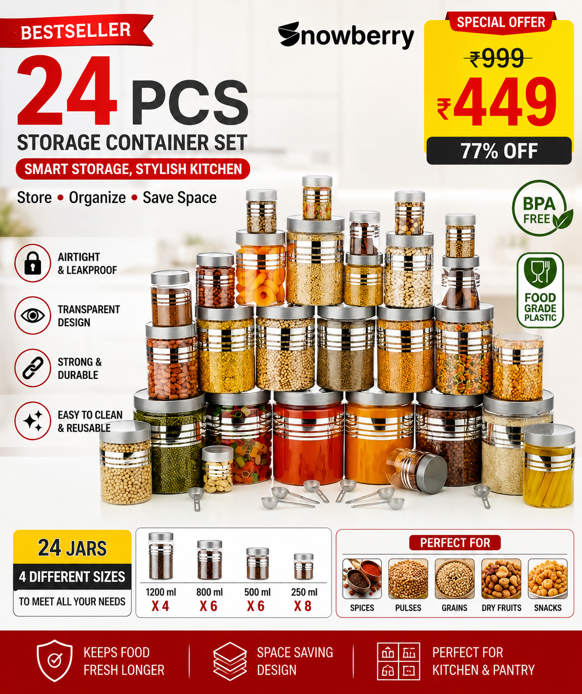 file_00000000c6e4723082bc306a3d901e7f 24 PCS Airtight Kitchen Storage Container Set | Plastic Transparent Jars Combo (4 Sizes, Silver Lid) - Image 1