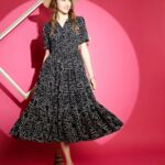 Stylish Brown Polka Dot Flared Midi Dress for Women