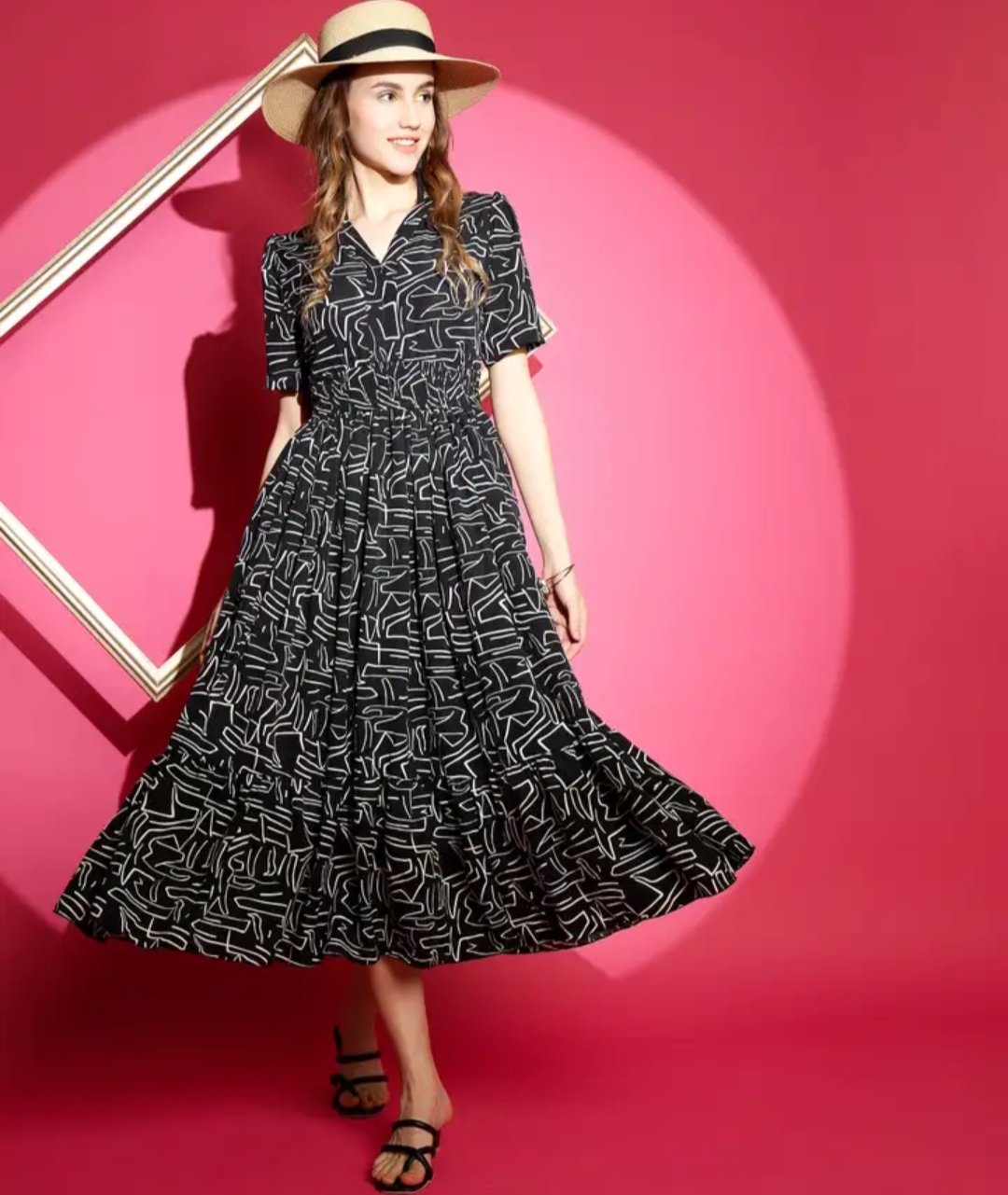 Oplus_131072 Stylish Brown Polka Dot Flared Midi Dress for Women - Image 1