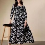 Elegant Black Abstract Print Flared Midi Dress