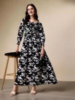 Elegant Black Abstract Print Flared Midi Dress