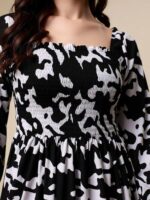 Elegant Black Abstract Print Flared Midi Dress - Image 4