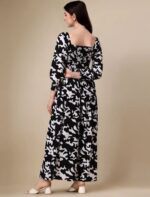 Elegant Black Abstract Print Flared Midi Dress - Image 3