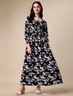 Elegant Black Abstract Print Flared Midi Dress - Image 2