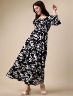 Elegant Black Abstract Print Flared Midi Dress - Image 5